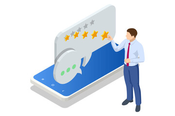 Isometric Customer review or feedback. Mobile payment. User reviews online. Speech bubble, text message, social media comment.
