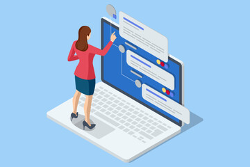 Isometric Customer review or feedback. Mobile payment. User reviews online. Speech bubble, text message, social media comment.