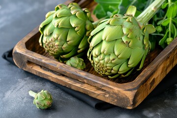 Obraz premium Wooden Bowl Filled With Green Artichokes on Table