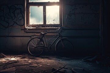 Bicycle Parked in Dilapidated Room - obrazy, fototapety, plakaty
