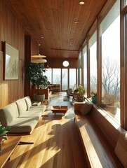 Modern Wooden Interior: Minimalist Design with Spacious Living Room and Mezzanine - obrazy, fototapety, plakaty