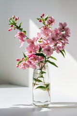 Pink Floral Delight: Vertical Image with Glass Vase and Copy Space on White Background