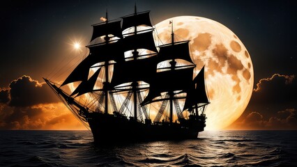 A ship at sea against the full moon. Sailing ship against the background of the moon.