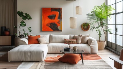 A living room showcasing a modular sofa, abstract artwork, and a statement coffee table