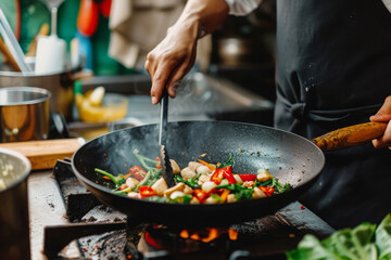 Man cooking vegetables in frying pan, Close up shot of male hands mixing vegetables in wok, Ingredients for healthy diet, Lunch for vegetarian
