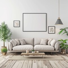 Living room interior with mock up poster frame, 3D render illustration