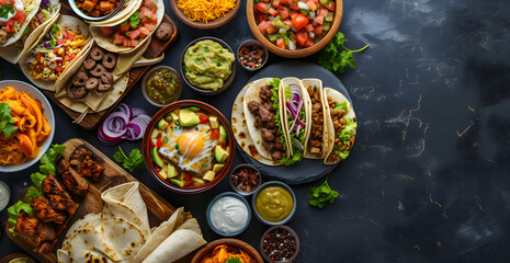 Various Mexican food on a black background are shown, several typical Mexican snacks such as tacos, chile con carne, nachos, among others.