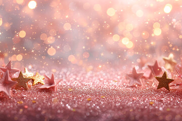Obraz na płótnie Canvas Birthday Background Pastel Peach Colours delicate powder pink Glitter Stars falling with soft caramel brown copy space 