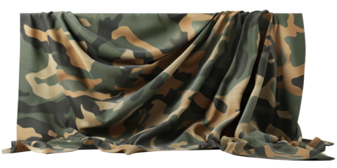 An army hanging fabric in camouflage colors, transparent or isolated on white background