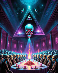 Surreal Retro Sci-Fi Illuminati Meeting in a Dark Candlelit Hall Gen AI - 729591735