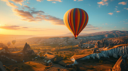 A hot air balloon ride over the otherworldly landscapes - obrazy, fototapety, plakaty
