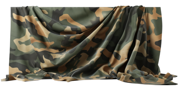 An army hanging fabric in camouflage colors, transparent or isolated on white background