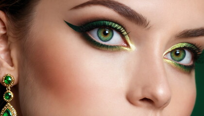 Obraz premium A detailed close-up of a young woman's face, she has striking green eyes, bright green makeup and flawless skin.