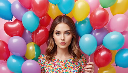 Fototapeta na wymiar A striking portrait of a girl surrounded by a multitude of brightly colored balloons, suggestive of a solemn event.
