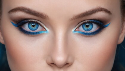 Fototapeta premium the detailed makeup of a woman's eyes, showcasing vibrant blue eyeliner and immaculately applied mascara against her penetrating blue eyes.