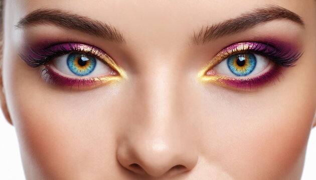 A close-up of a woman's eyes showing bright, colorful makeup with shades of purple and blue. A piercing look.