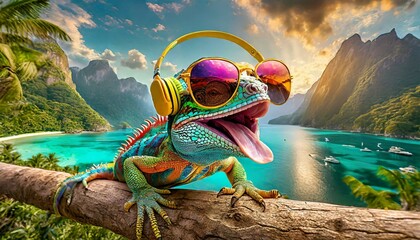 funky and colorful lizard with sunglasses, nature background with mountains and sky