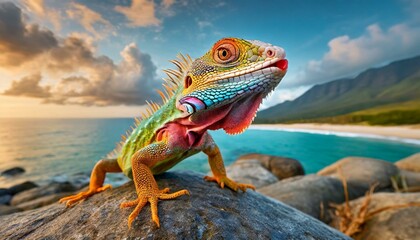 funky and colorful lizard on the beach