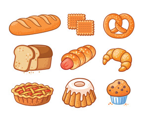 Vector set of bread icons. Bakery pastry products . Whole grain bread, sliced bread, bagel, cookies, apple pie, loaf, sausage in dough, cupcake, rye bread and pretzel.