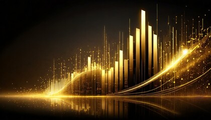 golden trading stock chart, shining on black background