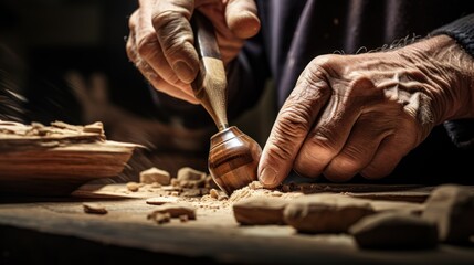Expert hands of a wood carver shaping a wooden masterpiece in a close-up, capturing the craftsmanship of the skilled artisan.