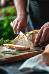 Person Cutting a Loaf of Bread on a Cutting Board