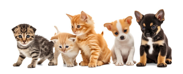Cute dogs and cats isolated on white transparent background, png. Kittens and puppies on white. Banner design
