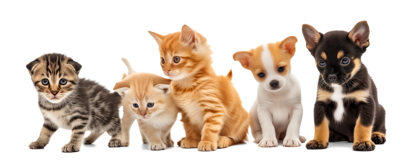Cute dogs and cats isolated on white transparent background, png. Kittens and puppies on white. Banner design
