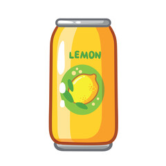 Fruit soda. Aluminum can with lemon juice. Cartoon vector illustration isolated