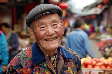 An elderly chinese man wearing a hat smiles directly at the camera. - obrazy, fototapety, plakaty