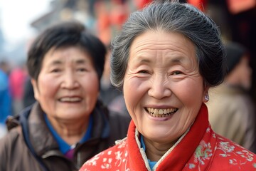 Two Asian women happily pose and smile for the camera.