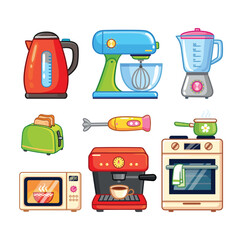 Kitchen appliances set with toaster, microwave oven, blenders, electric stove, coffee machine and kettle on transparent background isolated.