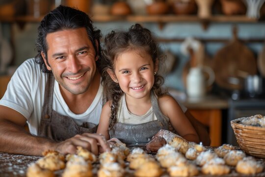 A man and a little girl are sitting at a table after cooking, engrossed in a conversation.