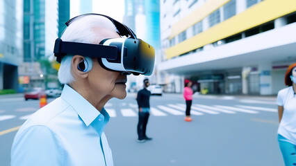 1 elderly man in a white shirt walks alone wearing virtual reality glasses