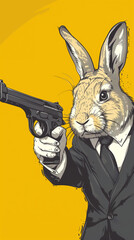 A rabbit stands in a suit and holds a pistol in his paw
