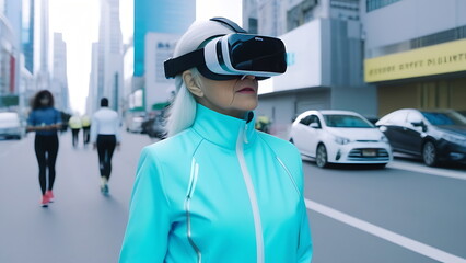 Wearing virtual reality glasses, an elderly woman in a tracksuit in a metropolis