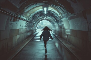 Woman Walking Through Dark Tunnel