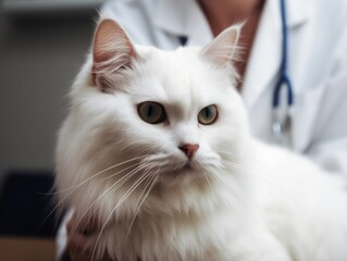 Veterinary examination of the white cat. Animal clinic. Pet check and vaccination. close-up