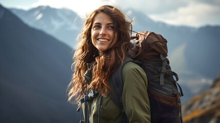 Naklejka premium portrait of a beautiful young woman tourist with a backpack on a hiking trip in the mountains. tourism and outdoor travel.