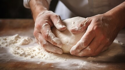 Fototapeta premium Close-up of a baker's hands in action, skillfully kneading dough on a flour-strewn table.