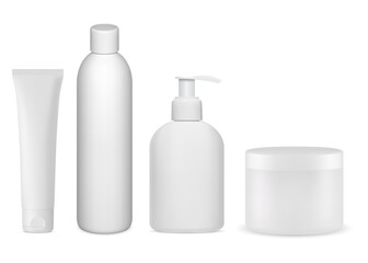 Cosmetic bottle collection. Set of cosmetics package mockup. Soap pump dispenser blank, cream jar, shampoo bottle, toothpaste tube design. Mock up of plastic bottles