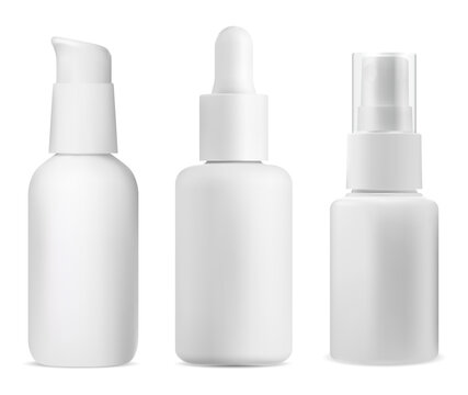 Airless pump bottle. Mist spray package mockup. Cosmetic serum dispenser with glass cap. Face foundation base product bottle design. Cleanser toner essence container, vector template