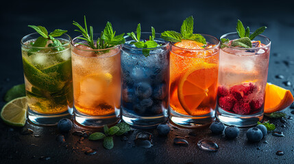 different beautiful cocktails in warm colors on a dark background. cocktail or bar menu concept.