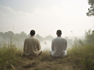 Two men meditate outdoors in a park. Meditation and yoga, healthy lifestyle concept. view from the back. Spiritual Restoration