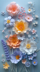 A photo of paper flowers in light pastel colors.