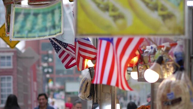 American flags on the street fast food kiosk in New York City in 4K Slow motion 60fps
