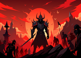 An epic battle scene between knights in shining armor and a horde of undead warriors under a blood-red sky. vektor illustation