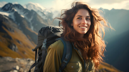 beautiful young woman tourist with a backpack on a hike in the mountains. tourism and outdoor travel.