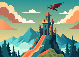 A breathtaking view from the top of a fantasy castle's tower with a dragon flying overhead. vektor illustation - obrazy, fototapety, plakaty