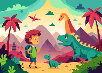Naklejka premium A time-traveling adventurer encountering dinosaurs in a prehistoric world. vektor illustation